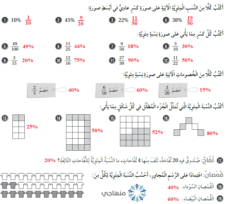 النسبة المئوية والكسور العادية